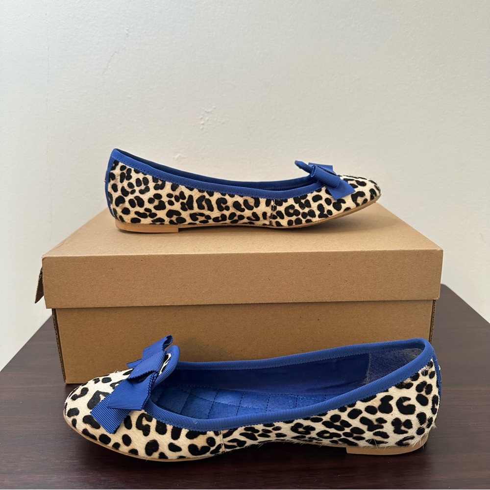 Sperry Leopard Animal Print Leather Ballet Bow Navy Trim Flats, Size 7, Women's